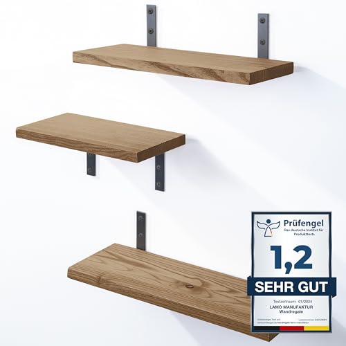 LAMO Manufaktur 3 Stück Wandregal Holz 42/36/30cm | Schweberegal Massiv 100% Echtholz | Hängeregal für Wohnzimmer, Schlafzimmer, Küche, Büro, Badezimmer | Wandregale Set 3 Gerade Farbe: Nussbaum von LAMO