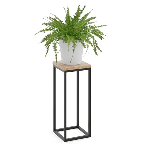 LAMO Manufaktur Blumenständer Metall Schwarz | Pflanzenständer Holz mit Natur Farbe | Blumenhocker groß 50 cm für Zimmerpflanzen | 100% Echtholz | Sockel für Skulpturen von LAMO