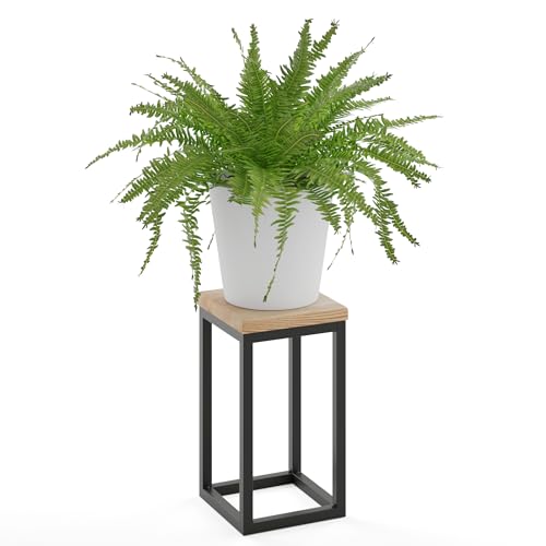 LAMO Manufaktur Blumenständer Metall Schwarz | Pflanzenständer Holz mit Natur Farbe | Blumenhocker klein 30 cm für große Zimmerpflanzen | 100% Echtholz | Sockel für Skulpturen von LAMO