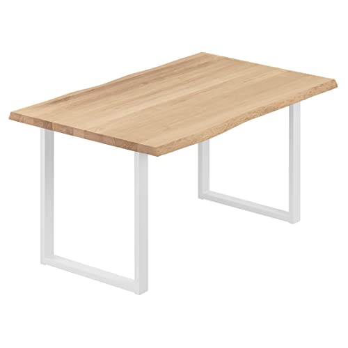 LAMO Manufaktur Esstisch Küchentisch Schreibtisch Couchtisch aus Massivholz, mit Baumkante 140x60x76 cm (AxBxH), Loft, Natur/Weiss, LNB-01-A-002-9016L von LAMO