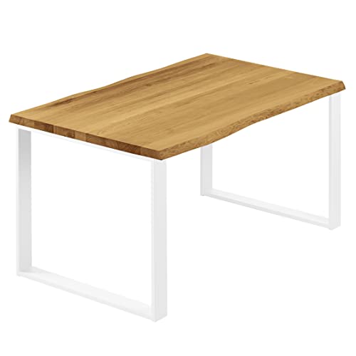 LAMO Manufaktur Esstisch Küchentisch Schreibtisch Couchtisch aus Massivholz, mit Baumkante 140x60x76 cm (AxBxH), Modern, Rustikal/Weiss, LNB-01-A-003-9016M von LAMO