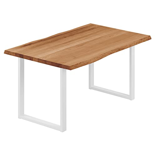 LAMO Manufaktur Esstisch Küchentisch Schreibtisch Couchtisch aus Massivholz, mit Baumkante 140x80x76 cm (AxBxH), Loft, Dunkel/Weiss, LAB-01-A-004-9016L von LAMO