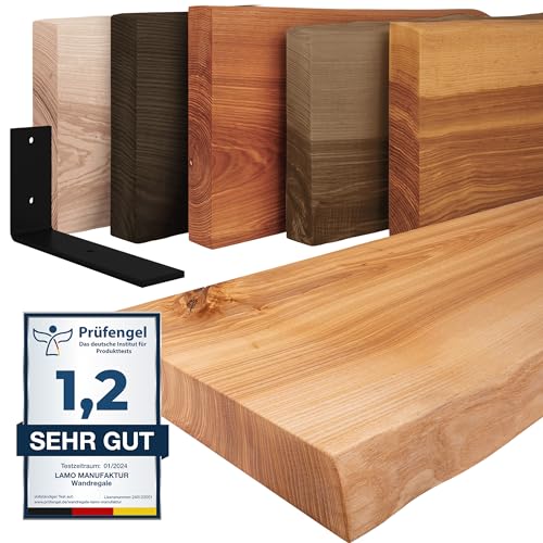 LAMO Manufaktur Wandregal Holz Baumkante | Regal Farbe: Natur|mit schwarzem Basic Regalträger|120 cm von LAMO