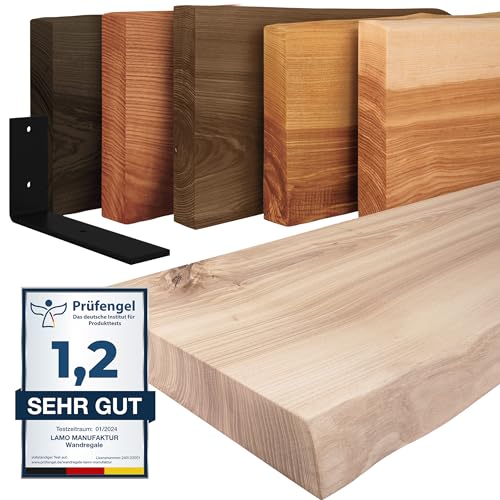 LAMO Manufaktur Wandregal Holz Baumkante | Regal Farbe: Roh|mit schwarzem Basic Regalträger|60 cm von LAMO