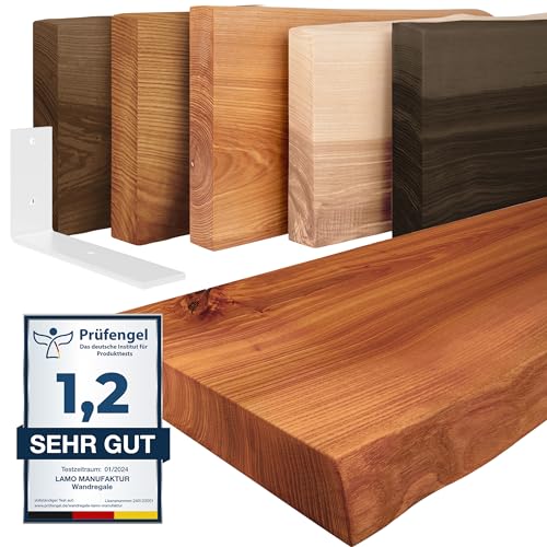 LAMO Manufaktur Wandregal Holz Baumkante | Regal Farbe: Dunkel | mit weißem Basic Regalträger | 60 cm von LAMO