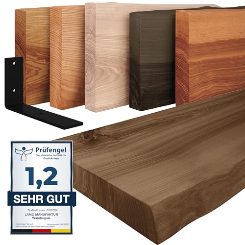 LAMO Manufaktur Wandregal Holz Baumkante | Regal Farbe: Nussbaum|mit schwarzem Basic Regalträger|120 cm von LAMO