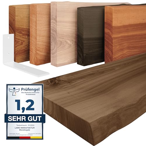 LAMO Manufaktur Wandregal Holz Baumkante | Regal Farbe: Nussbaum|mit weißem Basic Regalträger|120 cm von LAMO