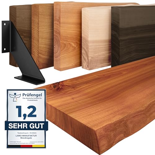 LAMO Manufaktur Wandregal Holz Baumkante | Regal Farbe: Dunkel |mit schwarzem Vintage Regalträger|140 cm von LAMO