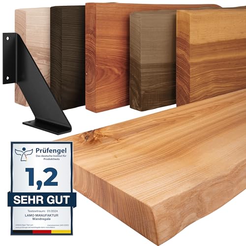 LAMO Manufaktur Wandregal Holz Baumkante | Regal Farbe: Natur |mit schwarzem Vintage Regalträger|160 cm von LAMO