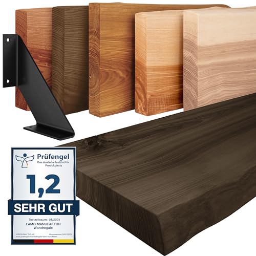 LAMO Manufaktur Wandregal Holz Baumkante | Regal Farbe: Schwarz | mit schwarzem Vintage Regalträger | 60 cm LAMO Manufaktur Wandregal Holz Baumkante | Regal Farbe: Schwarz | mit schwarzem Vintage Regalträger | 60 cm von LAMO