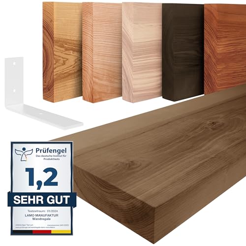 LAMO Manufaktur Wandregal Holz Gerade | Regal Farbe: Nussbaum|mit weißem Basic Regalträger|90 cm von LAMO