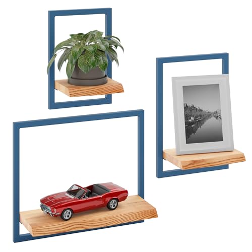 LAMO Manufaktur Wandregale aus Holz Set 3 St. 15/20/35cm | Küchenregal Wand, Badezimmer Regal Hängend, Wandregal Wohnzimmer | Farbe: Dunkel, Rahmen: Blau von LAMO