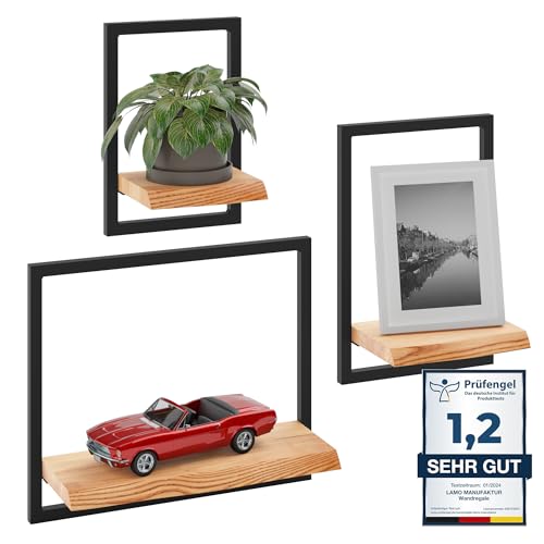 LAMO Manufaktur Wandregale aus Holz Set 3 St. 15/20/35cm | Küchenregal Wand, Badezimmer Regal Hängend, Wandregal Wohnzimmer | Farbe: Dunkel, Rahmen: Schwarz von LAMO