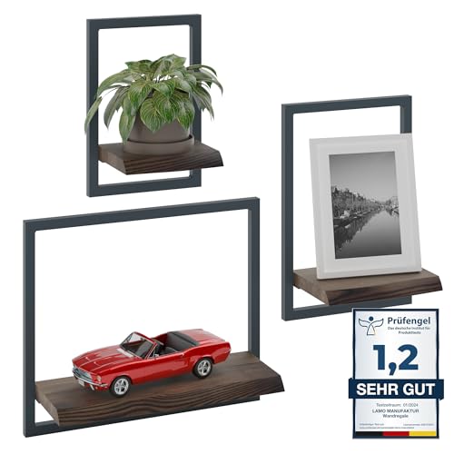LAMO Manufaktur Wandregale aus Holz Set 3 St. 15/20/35cm | Küchenregal Wand, Badezimmer Regal Hängend, Wandregal Wohnzimmer | Farbe: Ebenholz, Rahmen: Anthrazit von LAMO