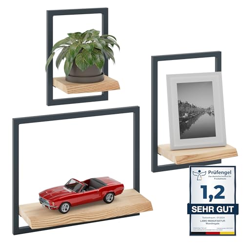 LAMO Manufaktur Wandregale aus Holz Set 3 St. 15/20/35cm | Küchenregal Wand, Badezimmer Regal Hängend, Wandregal Wohnzimmer | Farbe: Natur, Rahmen: Anthrazit von LAMO