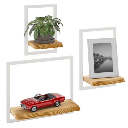 LAMO Manufaktur Wandregale aus Holz Set 3 St. 15/20/35cm | Küchenregal Wand, Badezimmer Regal Hängend, Wandregal Wohnzimmer | Farbe: Rustikal, Rahmen: Elfenbein von LAMO