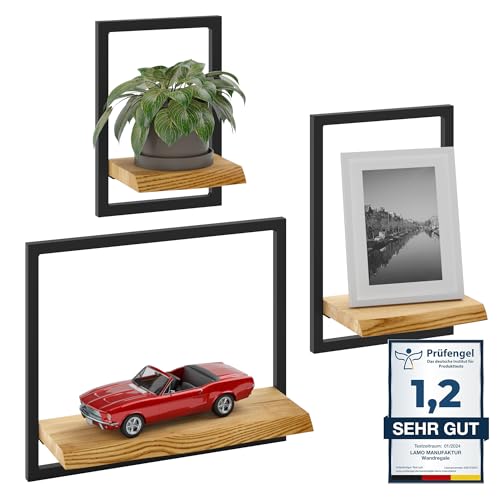LAMO Manufaktur Wandregale aus Holz Set 3 St. 15/20/35cm | Küchenregal Wand, Badezimmer Regal Hängend, Wandregal Wohnzimmer | Farbe: Rustikal, Rahmen: Schwarz von LAMO
