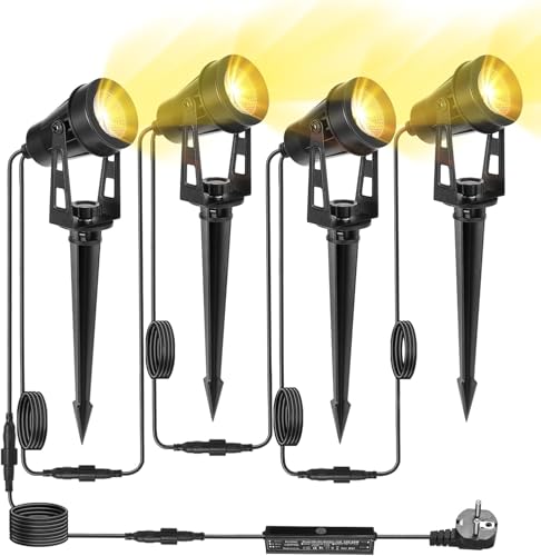 LAMPELIP Gartenbeleuchtung Mit Strom, 4er Pack/15M Gartenstrahler Led Außen Wasserdicht, Weiß 3000K 12V IP65 Strahler Außen mit Stecker und Erdspieß für Gartenweg, Terrasse, Bäume, Rasen, Hof von LAMPELIP