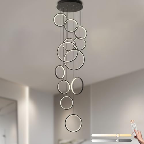 LAMPLAY LED-Kronleuchter Für Lange Treppen, Hoher Decke Mit 12 Schwarzen Ringen Lampe, DIY-Höhenverstellbare Pendelleuchte Für Den Eingangsbereich, Dimmbar Mit Fernbedienung 3000K-6000K von LAMPLAY