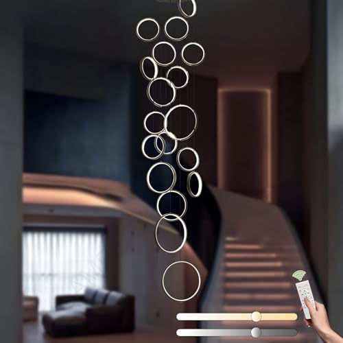 LAMPLAY LED-Kronleuchter Für Lange Treppen, Hoher Decke Mit 18 Schwarzen Ringen Lampe, DIY-Höhenverstellbare Pendelleuchte Für Den Eingangsbereich, Dimmbar Mit Fernbedienung 3000K-6000K von LAMPLAY