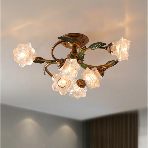 LAMPLAY Retro-Deckenlampe, Moderne Metall-Gartenblumenlampe Ø64cm, Klassischer Gebogener Drehbarer Lampenarm + 6 Transparent Glasblumenlampenschirme, Wohnzimmer, Kinderzimmer, Esszimmer, Büro von LAMPLAY