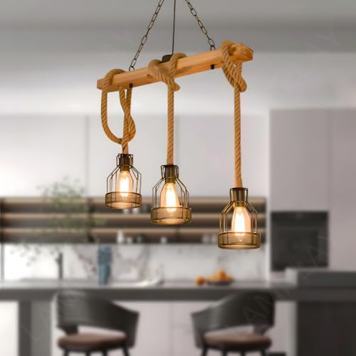 LAMPLAY Retro-Kronleuchter, 70cm Langer Lampenmast Aus Holz + Natürliches Hanfseil + 3 Lampenschirme Aus Metall, Höhenverstellbare Pendelleuchte, Esszimmer Industrie-Bar Büro(Ohne E27-Glühbirnen) von LAMPLAY