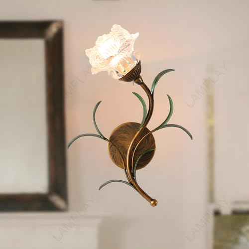 LAMPLAY Retro-Wandlampe, Moderne Blumenlampe Im Landhausstil Aus Metall, Klassischer Gebogener Lampenarm + 1 Transparenter Glaslampenschirm Mit Blumenmotiv, Wohnzimmer, Kinderzimmer, Büro, Flur LAMPLAY Retro-Wandlampe, Moderne Blumenlampe Im Landhausstil Aus Metall, Klassischer Gebogener Lampenarm + 1 Transparenter Glaslampenschirm Mit Blumenmotiv, Wohnzimmer, Kinderzimmer, Büro, Flur von LAMPLAY