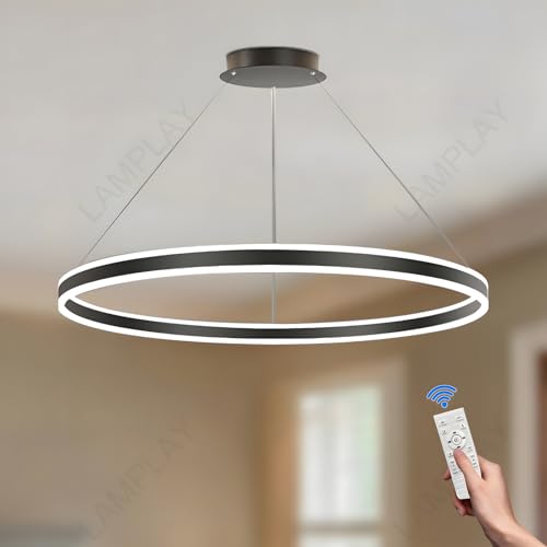 LAMPLAY Runde Moderne LED-Pendelleuchte, 1 Schwarzer Ring-Kronleuchter, Dimmbar Mit Fernbedienung 3000K-6000K Deckenleuchte, Höhenverstellbar, Foyer, Wohnzimmer, Schlafzimmer, Esszimmer(Ø100cm) von LAMPLAY