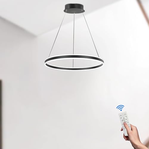 LAMPLAY Runde Moderne LED-Pendelleuchte, 1 Schwarzer Ring-Kronleuchter, Dimmbar Mit Fernbedienung 3000K-6000K Deckenleuchte, Höhenverstellbar, Foyer, Wohnzimmer, Schlafzimmer, Esszimmer(Ø40cm) von LAMPLAY