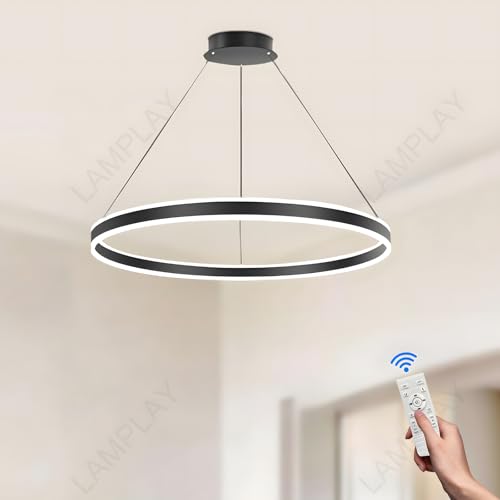 LAMPLAY Runde Moderne LED-Pendelleuchte, 1 Schwarzer Ring-Kronleuchter, Dimmbar Mit Fernbedienung 3000K-6000K Deckenleuchte, Höhenverstellbar, Foyer, Wohnzimmer, Schlafzimmer, Esszimmer(Ø60cm) von LAMPLAY