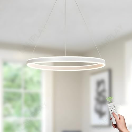 LAMPLAY Runde Moderne LED-Pendelleuchte, 1 Weiß Ring-Kronleuchter, Dimmbar Mit Fernbedienung 3000K-6000K Deckenleuchte, Höhenverstellbar, Foyer, Wohnzimmer, Schlafzimmer, Esszimmer(Ø40cm) von LAMPLAY