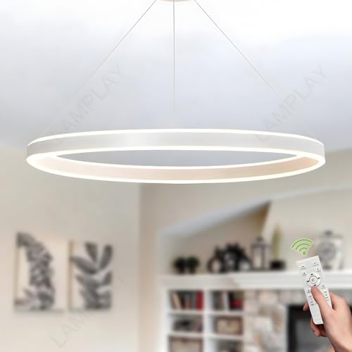 LAMPLAY Runde Moderne LED-Pendelleuchte, 1 Weiß Ring-Kronleuchter, Dimmbar Mit Fernbedienung 3000K-6000K Deckenleuchte, Höhenverstellbar, Foyer, Wohnzimmer, Schlafzimmer, Esszimmer(Ø80cm) von LAMPLAY