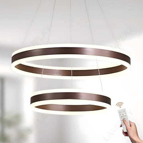 LAMPLAY Runde Moderne LED-Pendelleuchte, 2 Braun Ring-Kronleuchter, Dimmbar Mit Fernbedienung 3000K-6000K Deckenleuchte, Höhenverstellbar, Foyer, Wohnzimmer, Schlafzimmer, Esszimmer(Ø40+60cm) von LAMPLAY
