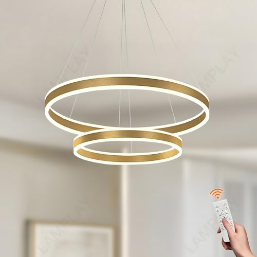 LAMPLAY Runde Moderne LED-Pendelleuchte, 2 Golden Ring-Kronleuchter, Dimmbar Mit Fernbedienung 3000K-6000K Deckenleuchte, Höhenverstellbar, Foyer, Wohnzimmer, Schlafzimmer, Esszimmer(Ø40+60cm) von LAMPLAY