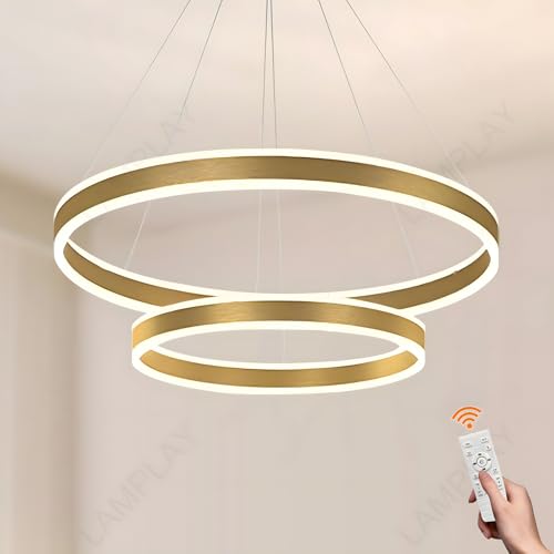 LAMPLAY Runde Moderne LED-Pendelleuchte, 2 Golden Ring-Kronleuchter, Dimmbar Mit Fernbedienung 3000K-6000K Deckenleuchte, Höhenverstellbar, Foyer, Wohnzimmer, Schlafzimmer, Esszimmer(Ø60+80cm) von LAMPLAY