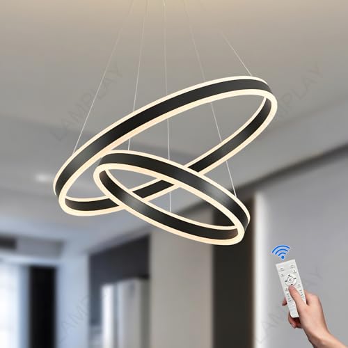 LAMPLAY Runde Moderne LED-Pendelleuchte, 2 Schwarzer Ring-Kronleuchter, Dimmbar Mit Fernbedienung 3000K-6000K Deckenleuchte, Höhenverstellbar, Foyer, Wohnzimmer, Schlafzimmer, Esszimmer(Ø60+80cm) von LAMPLAY