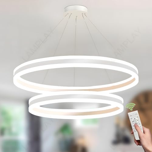 LAMPLAY Runde Moderne LED-Pendelleuchte, 2 Weiß Ring-Kronleuchter, Dimmbar Mit Fernbedienung 3000K-6000K Deckenleuchte, Höhenverstellbar, Foyer, Wohnzimmer, Schlafzimmer, Esszimmer(Ø80+100cm) von LAMPLAY