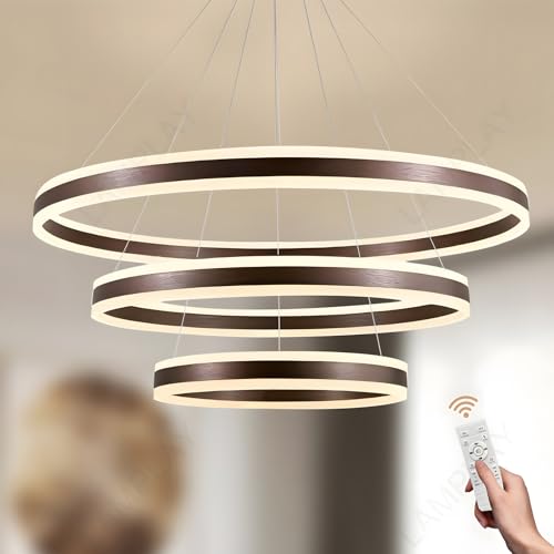 LAMPLAY Runde Moderne LED-Pendelleuchte, 3 Braun Ring-Kronleuchter, Dimmbar Mit Fernbedienung 3000K-6000K Deckenleuchte, Höhenverstellbar, Foyer, Wohnzimmer, Schlafzimmer, Esszimmer(Ø40+60+80cm) von LAMPLAY