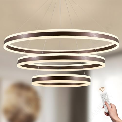 LAMPLAY Runde Moderne LED-Pendelleuchte, 3 Braun Ring-Kronleuchter, Dimmbar Mit Fernbedienung 3000K-6000K Deckenleuchte, Höhenverstellbar, Foyer, Wohnzimmer, Schlafzimmer, Esszimmer(Ø60+80+100cm) von LAMPLAY