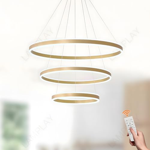 LAMPLAY Runde Moderne LED-Pendelleuchte, 3 Golden Ring-Kronleuchter, Dimmbar Mit Fernbedienung 3000K-6000K Deckenleuchte, Höhenverstellbar, Foyer, Wohnzimmer, Schlafzimmer, Esszimmer(Ø20+40+60cm) von LAMPLAY
