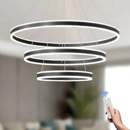 LAMPLAY Runde Moderne LED-Pendelleuchte, 3 Schwarzer Ring-Kronleuchter, Dimmbar Mit Fernbedienung 3000K-6000K Deckenleuchte, Höhenverstellbar, Foyer, Wohnzimmer, Schlafzimmer, Esszimmer(Ø60+80+100cm) von LAMPLAY