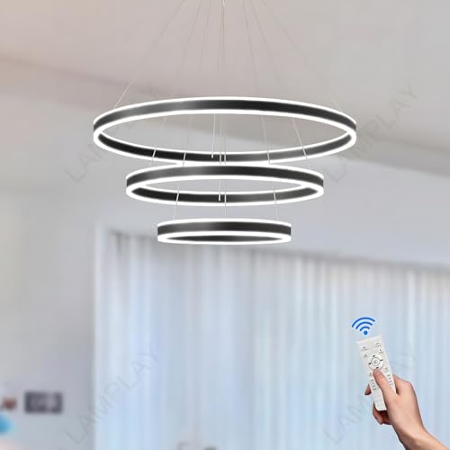 LAMPLAY Runde Moderne LED-Pendelleuchte, 3 Schwarzer Ring-Kronleuchter, Dimmbar Mit Fernbedienung 3000K-6000K Deckenleuchte, Höhenverstellbar, Foyer, Wohnzimmer, Schlafzimmer, Esszimmer(Ø20+40+60cm) von LAMPLAY
