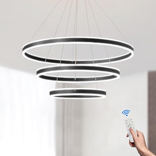 LAMPLAY Runde Moderne LED-Pendelleuchte, 3 Schwarzer Ring-Kronleuchter, Dimmbar Mit Fernbedienung 3000K-6000K Deckenleuchte, Höhenverstellbar, Foyer, Wohnzimmer, Schlafzimmer, Esszimmer(Ø40+60+80cm) von LAMPLAY