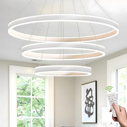 LAMPLAY Runde Moderne LED-Pendelleuchte, 3 Weiß Ring-Kronleuchter, Dimmbar Mit Fernbedienung 3000K-6000K Deckenleuchte, Höhenverstellbar, Foyer, Wohnzimmer, Schlafzimmer, Esszimmer(Ø60+80+100cm) von LAMPLAY