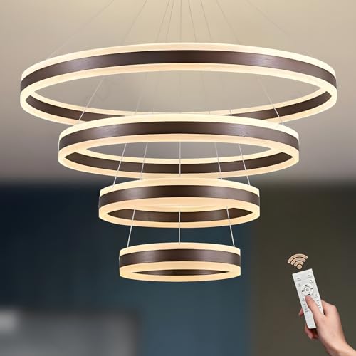 LAMPLAY Runde Moderne LED-Pendelleuchte, 4 Braun Ring-Kronleuchter, Dimmbar Mit Fernbedienung 3000K-6000K Deckenleuchte, Höhenverstellbar, Wohnzimmer, Schlafzimmer, Esszimmer(Ø20+40+60+80cm) von LAMPLAY