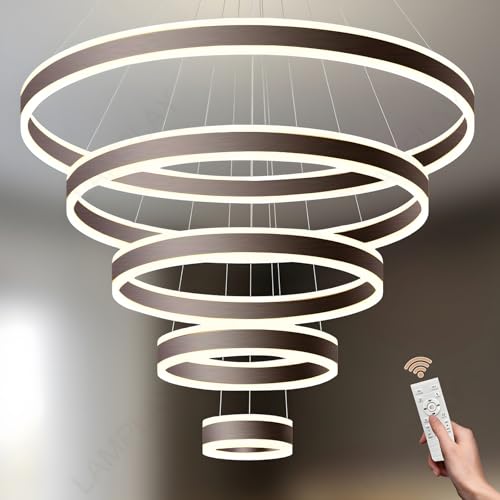 LAMPLAY Runde Moderne LED-Pendelleuchte, 5 Braun Ring-Kronleuchter, Dimmbar Mit Fernbedienung 3000K-6000K Deckenleuchte, Höhenverstellbar, Wohnzimmer, Schlafzimmer, Esszimmer(Ø20+40+60+80+100cm) von LAMPLAY
