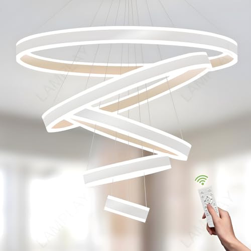 LAMPLAY Runde Moderne LED-Pendelleuchte, 5 Weiß Ring-Kronleuchter, Dimmbar Mit Fernbedienung 3000K-6000K Deckenleuchte, Höhenverstellbar, Wohnzimmer, Schlafzimmer, Esszimmer(Ø20+40+60+80+100cm) von LAMPLAY