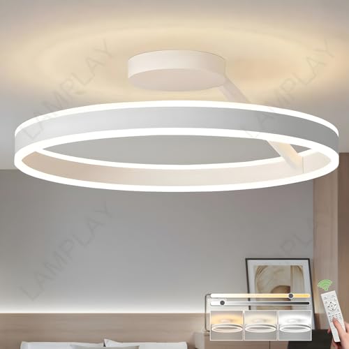 LAMPLAY Runder Moderner LED-Deckenleuchter, Ø60cm, Weiß Ring, Auf- Und Abwärtskreis, Dimmbar Per Fernbedienung (3000–6000K), Flur, Wohnzimmer, Schlafzimmer, Esszimmer, Arbeitszimmer, Büro, Flur von LAMPLAY