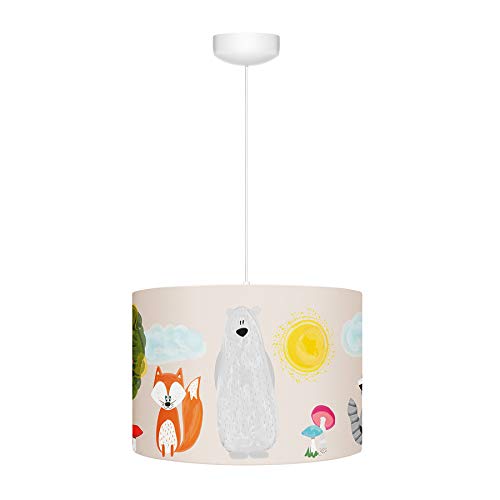 Lamps & Company Deckenlampe Kinderzimmer mit Waldmotiv, Holzlampe Kinderzimmer Lampe, runder Lampenschirm mit dem Kindermuster mit dem Durchschnittmesser von 35 cm, originell Jugendzimmer Deko Jungen von LAMPS & COMPANY