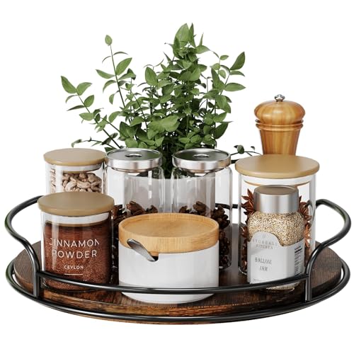 Drehteller Holz Organizer, Lazy Susan Gewürzregal Drehbar for Cabinet, Table Top, Kitchen, Pantry, Bathroom Countertop Organizer, 1 Pack Durchmesser 25,4 cm von LAMU